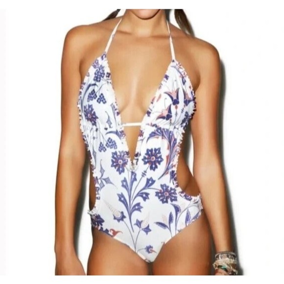 WILDFOX American Paisley Halter One-Piece Monokini Swimsuit Women's Size XS NEW - Picture 2 of 10